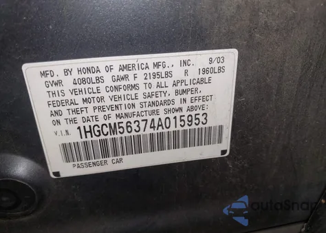 2004 Honda Accord 2.4 Lx from USA, damaged, VIN 1HGCM56374A015953